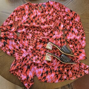 TOPSHOP Red Orange and Pink Houndstooth Blouse Dress🧡🩷🖤